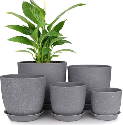 House Plants Pots -  Gray Matte with white spots Plastic Round Deep Planter Pots - Succulents Flowers Cactus Aloe Indoor House Plant Pots